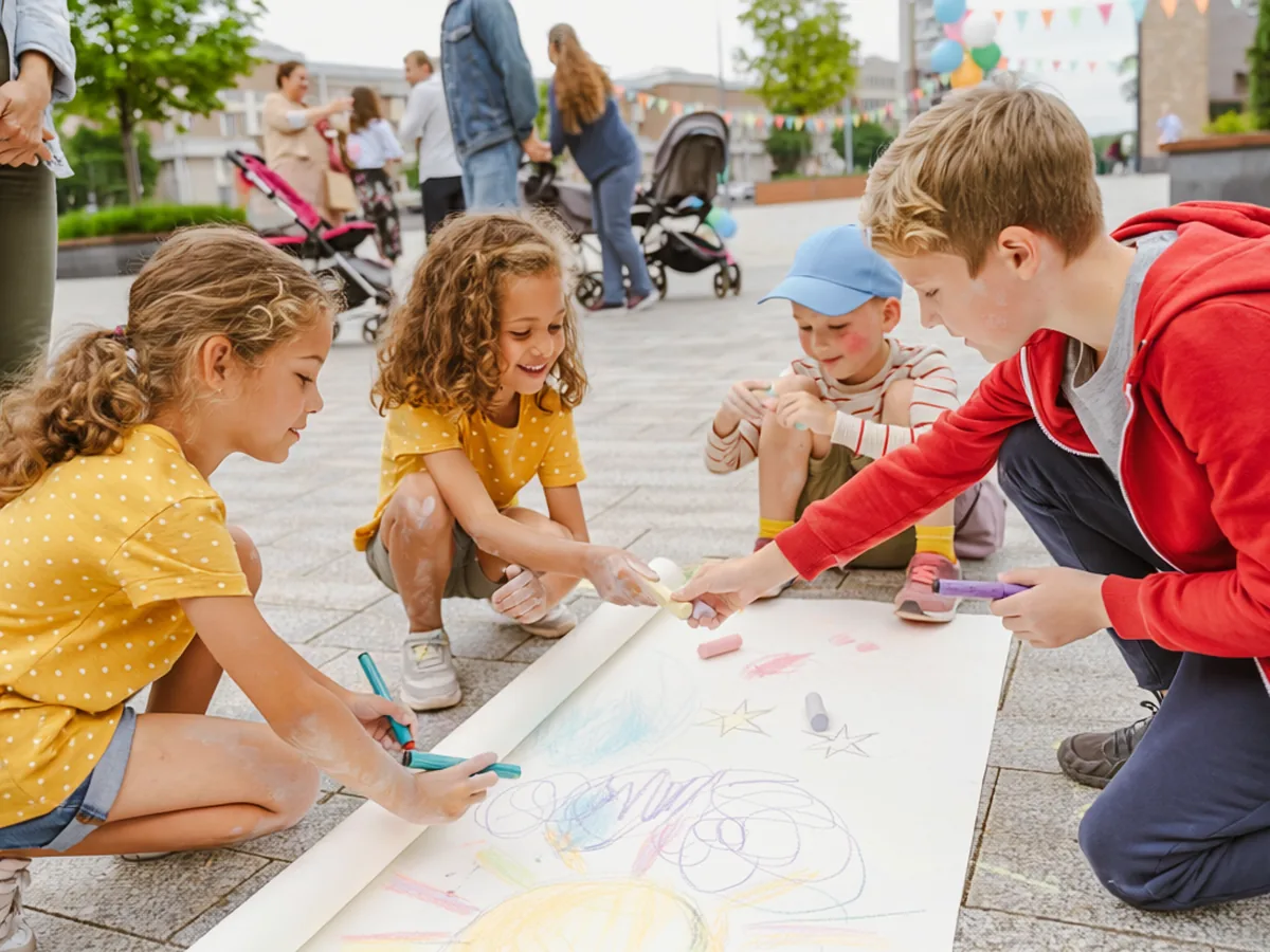 Escena ilustrativa de una actividad artística compartida al aire libre.